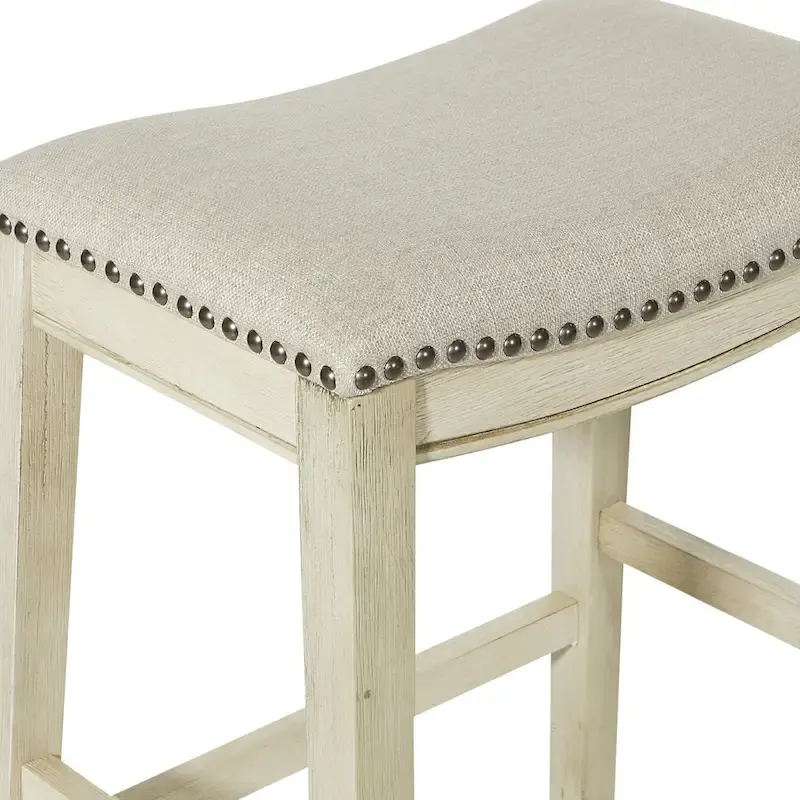 Antique White Saddle Bar Stool Set of 2 – Counter Height, Beige Fabric Seat