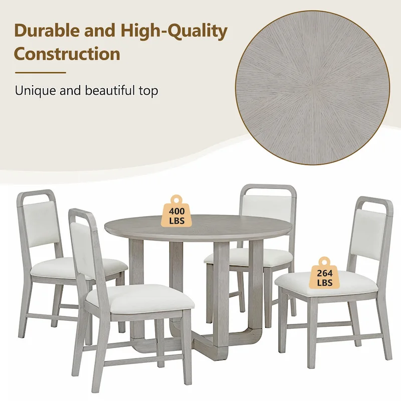 5 Piece Dining Table and Chair Set, Wooden Kitchen Dining Table Set with Round Dining Table and 4 Upholstered Chairs