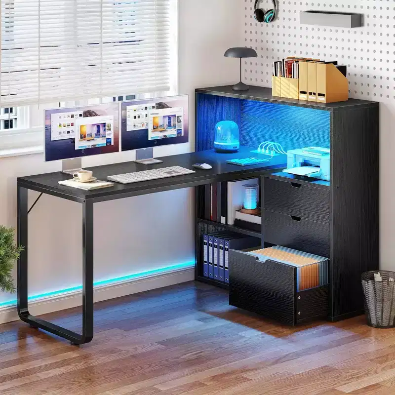 Balconera 55in L Shaped Desk Office Desk with 3 Drawers & Power Outlets LED Corner Gaming Computer Table with Adjustable Shelf