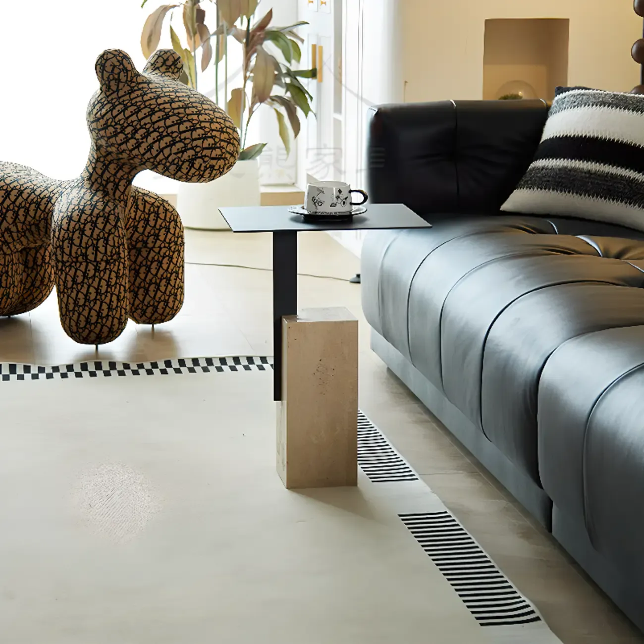 Modish Travertine Pedestal Metal Square Side Table