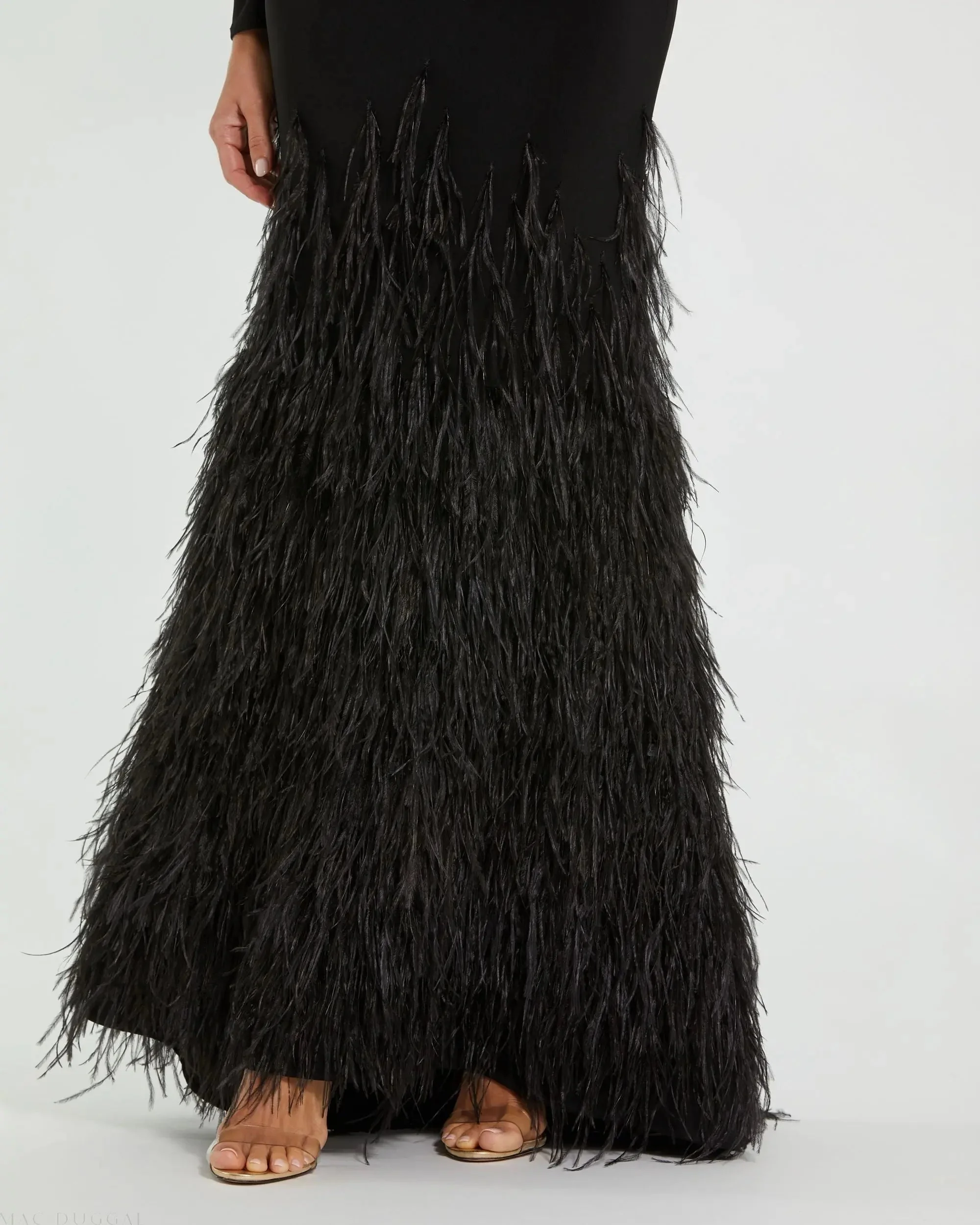 Black Jersey Long Sleeve High Neck Feather Gown