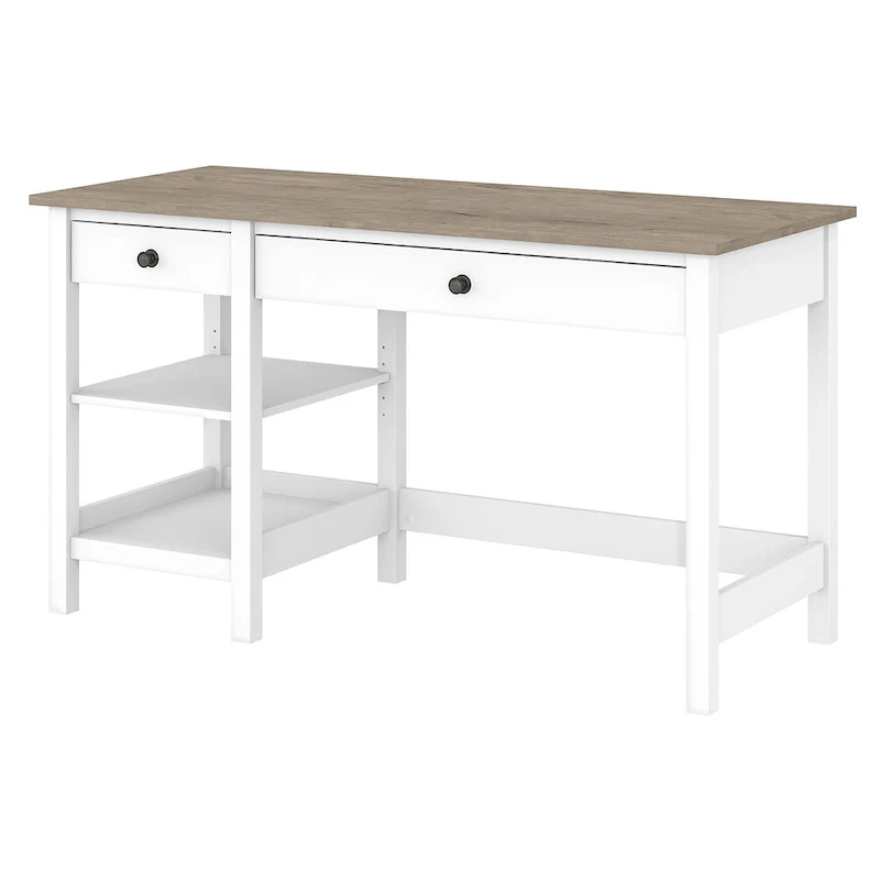 54W Computer Desk with Shelves, Shiplap Gray/Pure White & Vintage Black/Reclaimed Pine, 1-Person