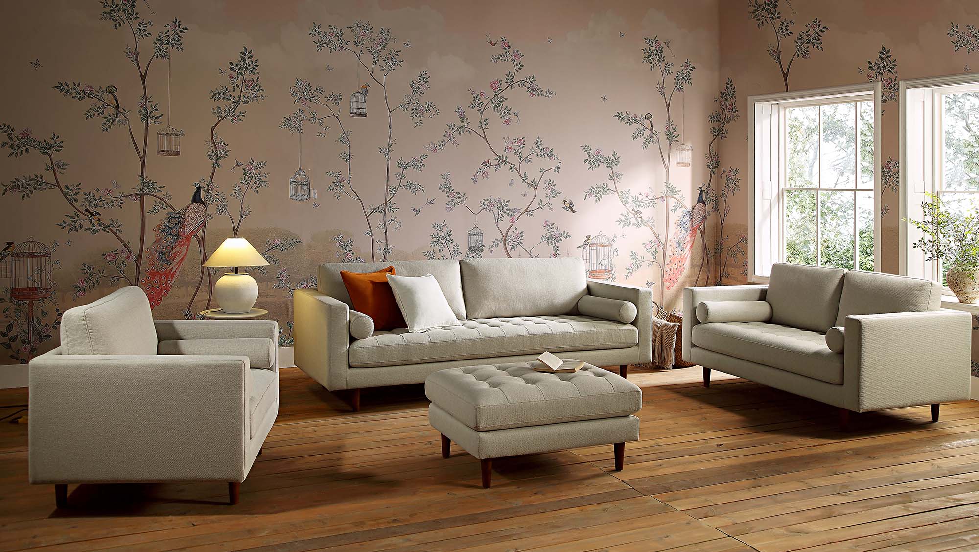 Large 3-Seater Sofa, Beige Woven Fabric