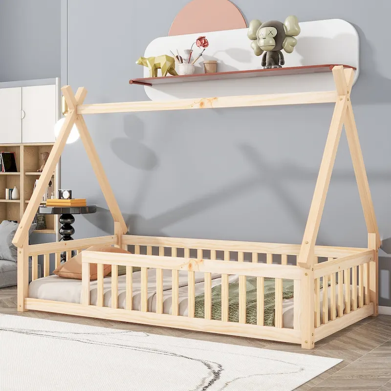 Natural / Grey / White Teepee Floor Bed with Guardrails & Slats, Twin, 1-Person