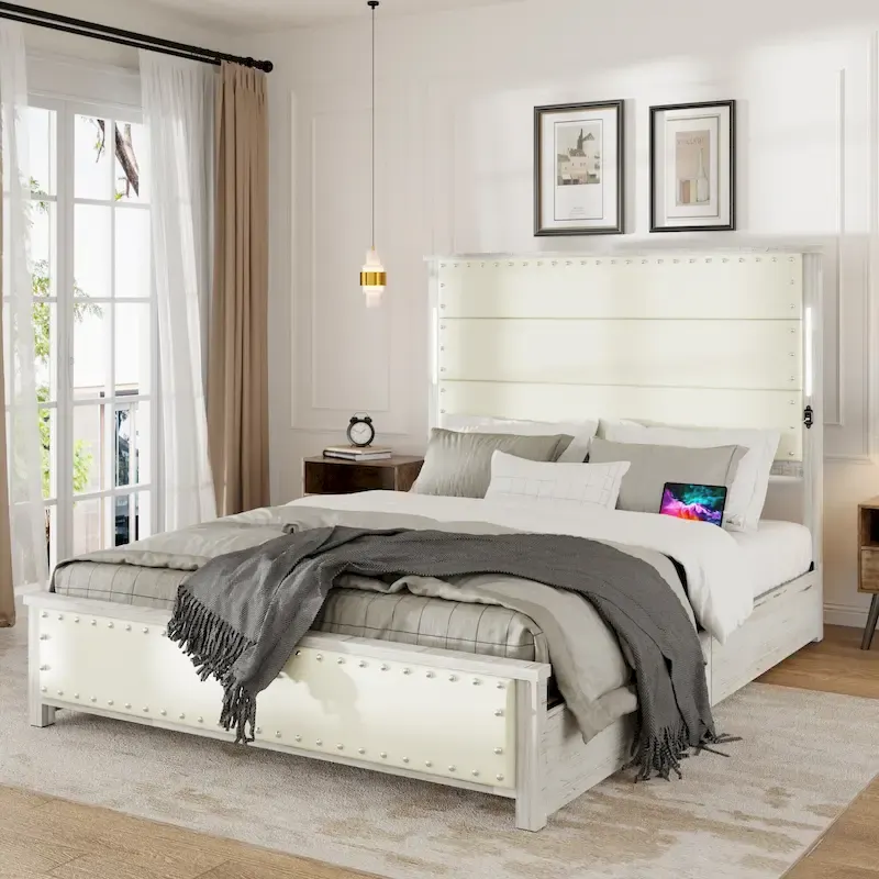 Queen Size Bed Frame White MDF+Metal with Upholstered Headboard and 4 Storage Drawers