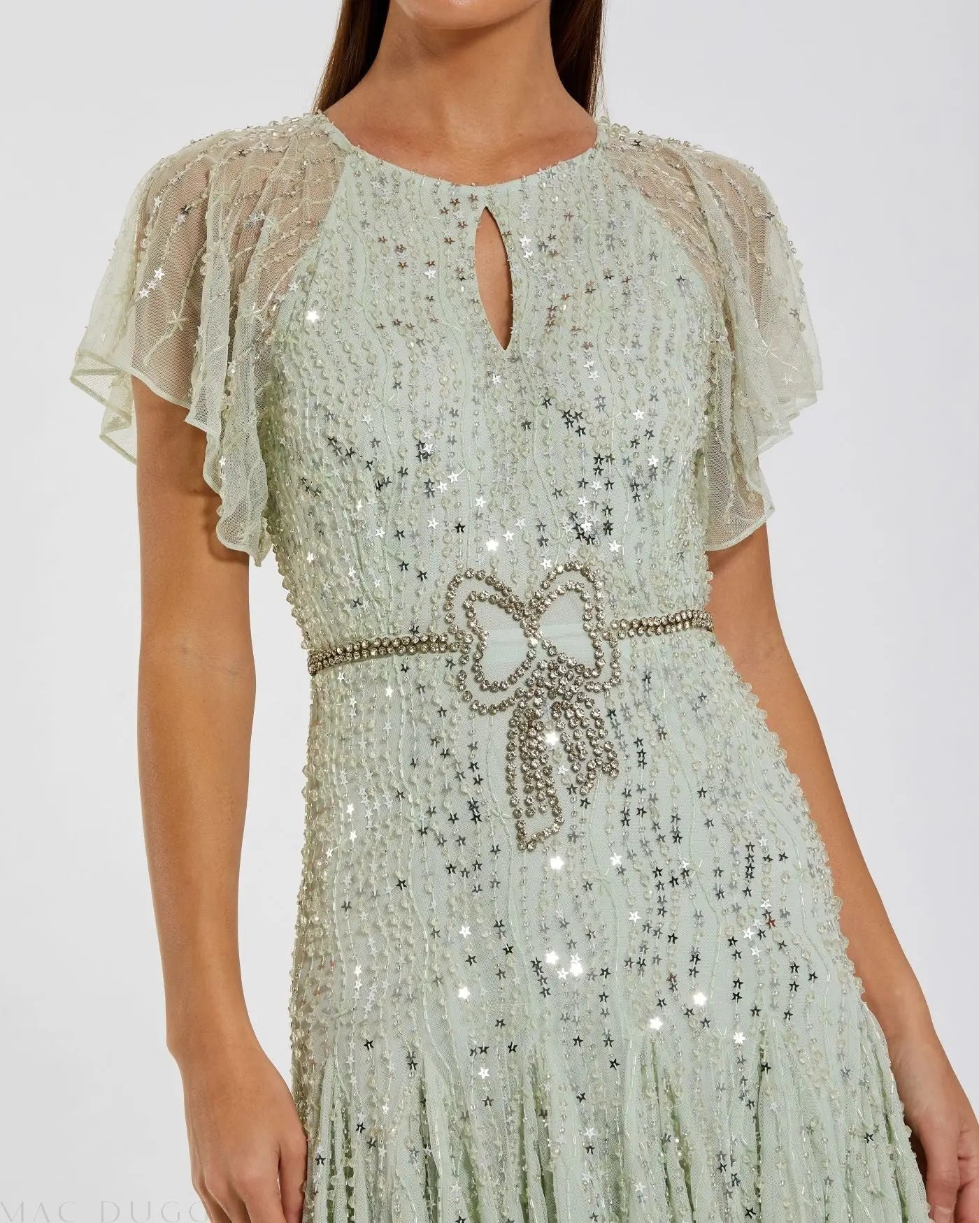 Green Embellished Bow Flutter Sleeve A Line Midi Dress