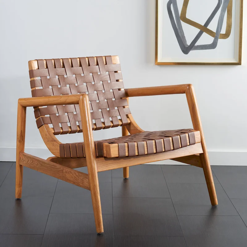 Natural Wood Leather Woven Accent Chair - Single Seat