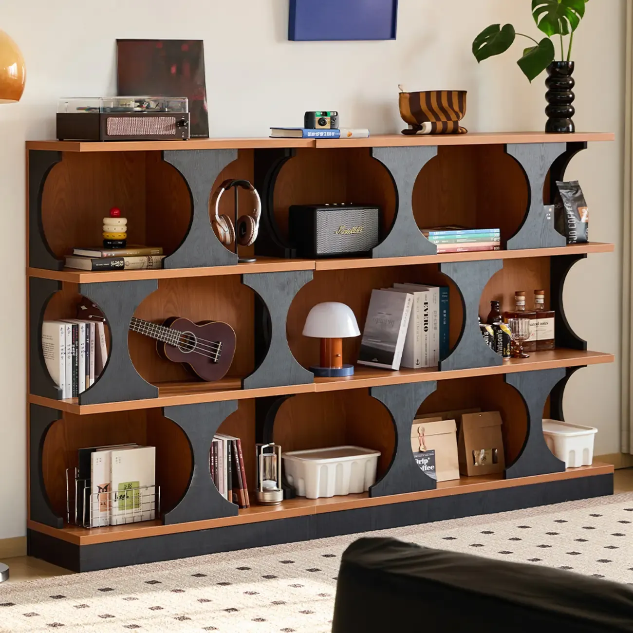 3-Tiers Geometric Modern Rectangular Wood Bookcase Black