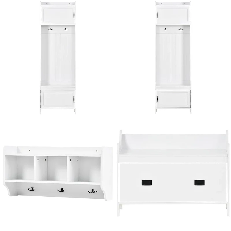 Merax 4-in-1 Multifunctional Entryway Bench Hall Tree with 7 Metal Black Hooks