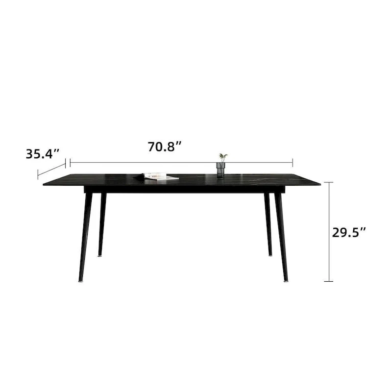 70.8 inch rectangular white kitchen dining table, with a sintered stone marble tabletop, metal legs