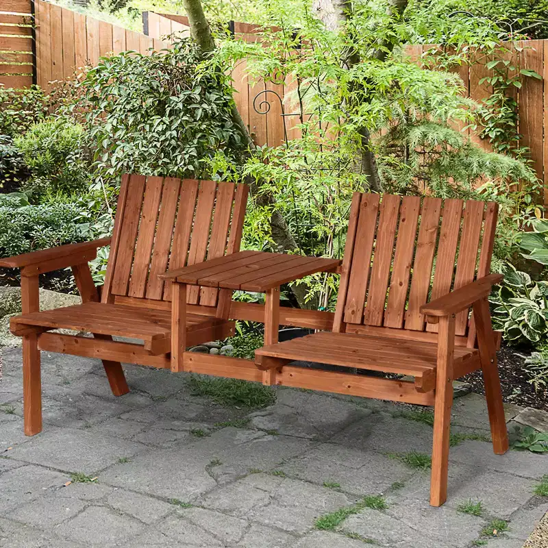 Patio Bench, Garden Bench with Middle Table and Umbrella Holeen Outdoor Bench for Patio, Porch, Poolside, Balcony