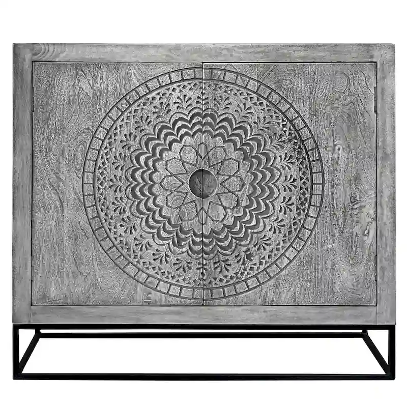 Gray & Black Handcrafted Mango Wood 2-Door Accent Cabinet with Medallion Engraving & Iron Base – Single Unit
