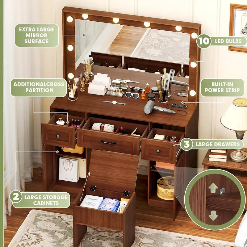 43.3  Wide Makeup Vanity Dressing With Lighted Mirror and Stool