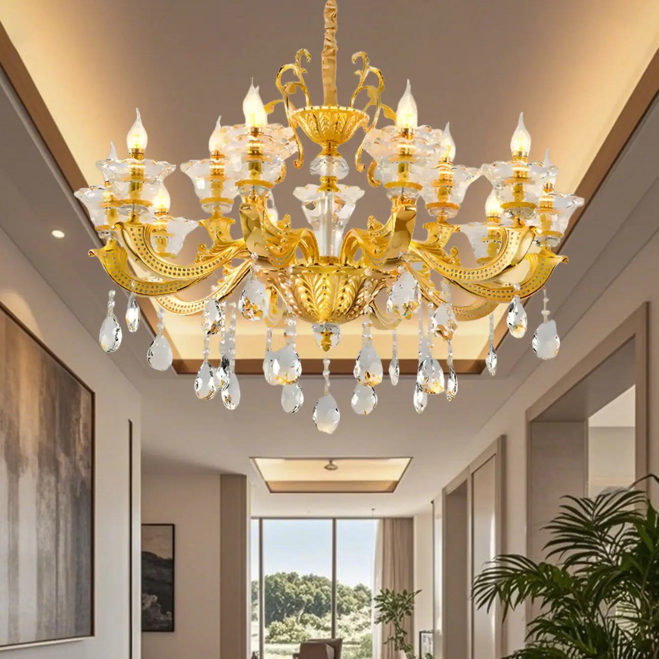 Living Room Golden Crystal Pendant Up Light Chandelier With Candelabra
