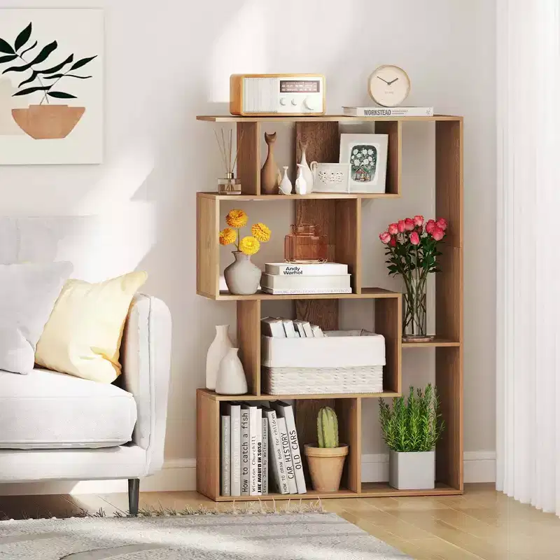 Costway 47 Open-back Geometric Bookshelf Home 6-Cube Large Bookcase with Anti-tip Kits Natural/White