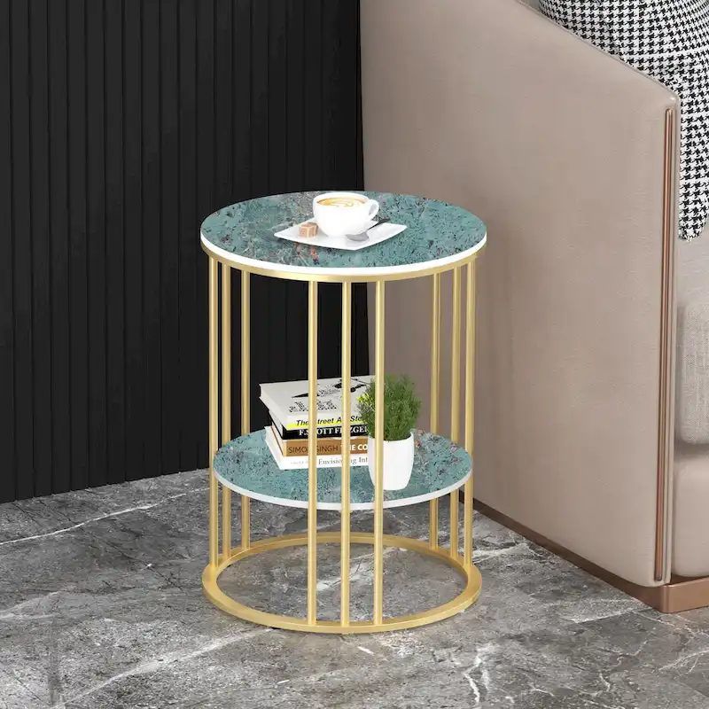 Round Sintered Stone Side Table - Gold Frame - 2 Tier