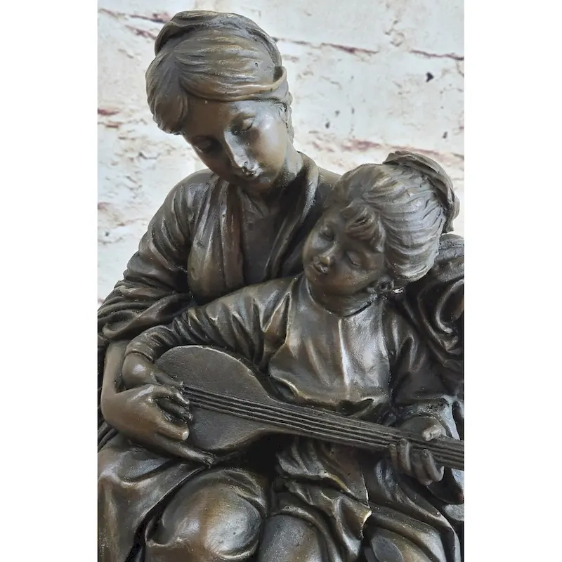 Mother And Playing Music Guitar 100 Percent Solid Bronze Sculpture Figurine Figure Sale