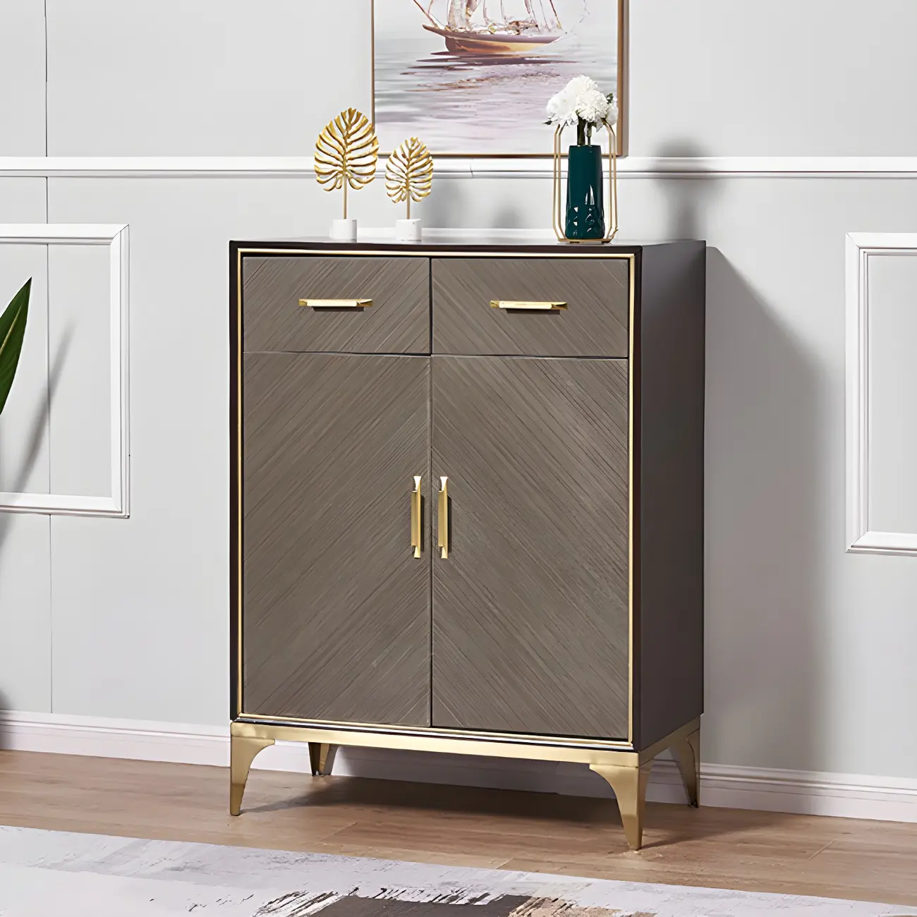 Glam Wooden Sideboard with Drawers & Adjustable Shelves