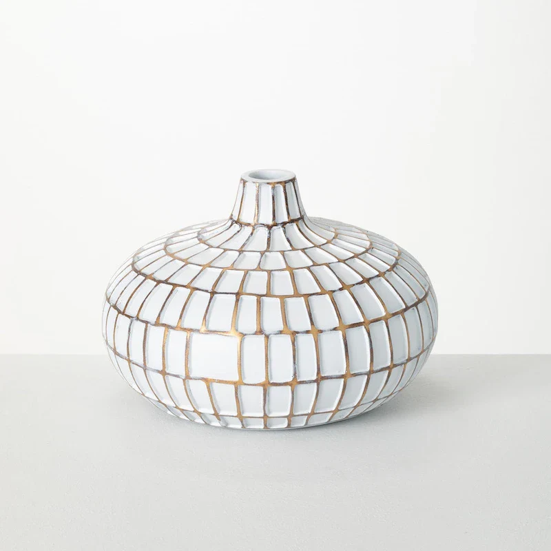 Sullivans Gold Brushed Mod Pattern Vase 6.5 H White - 9.5 L x 9.5 W x 6.5 H