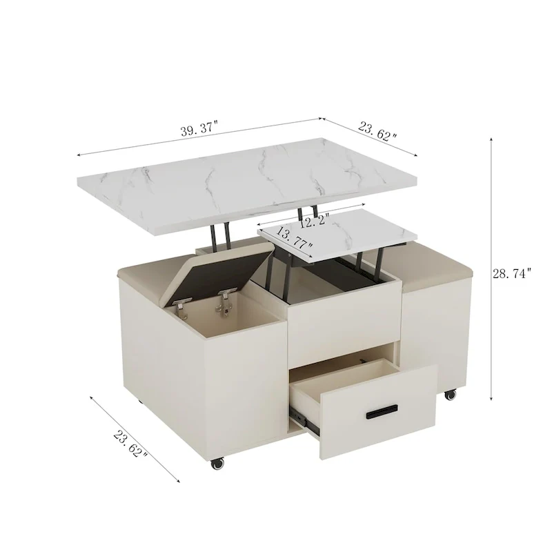 Modern Lift-Up Coffee Table with 4 Stools and 2 Drawers