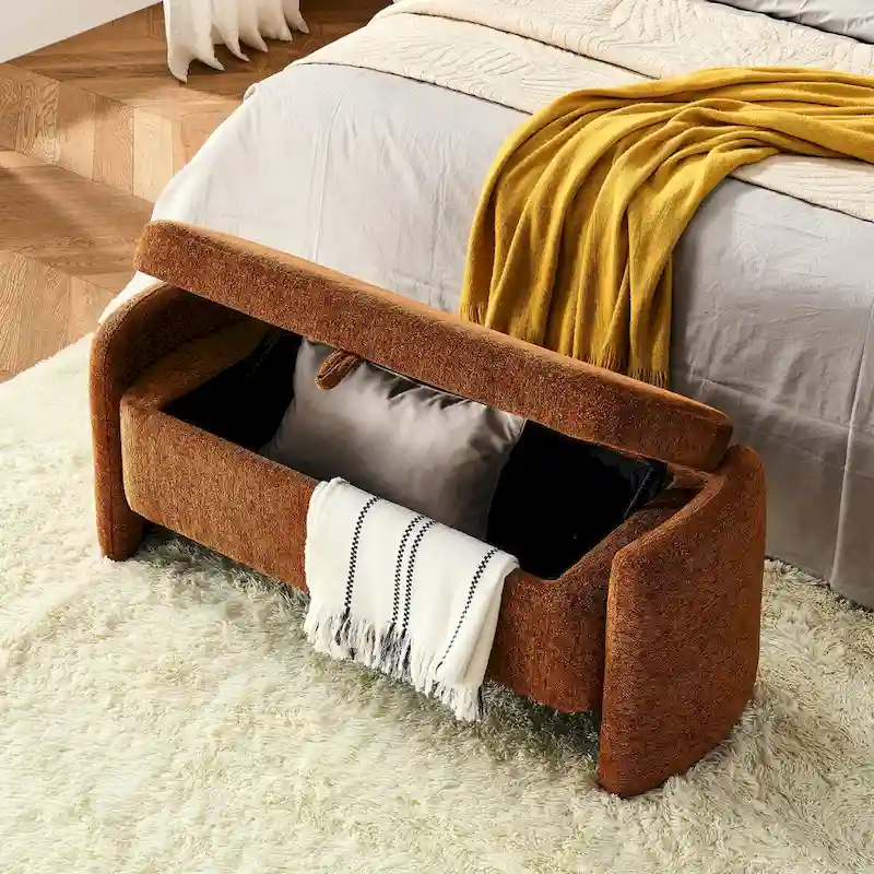 Cream White/Orange Chenille Oval Storage Ottoman with Eucalyptus Wood Frame