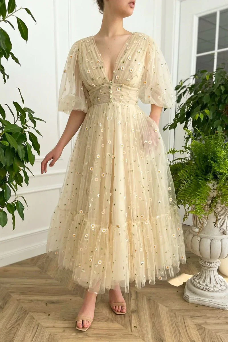 A-line V Neck Sea of Daisies Dress Engagement Ankle Length Half Sleeve Tulle with Buttons Pleats