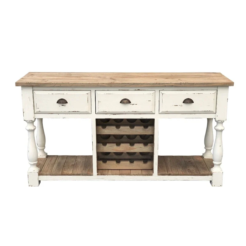 White Chalk & Natural Pine Console with Wine Rack + 3 Drawers