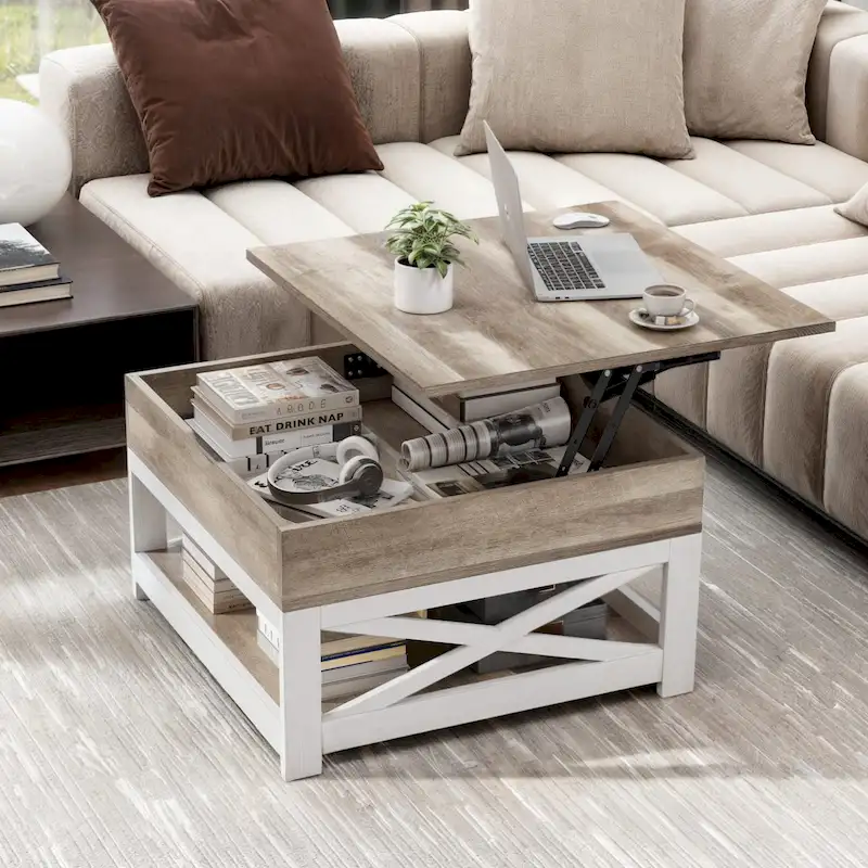 Moasis Farmhouse Square Lift Top Coffee Table with Storage Shelf for Living Room