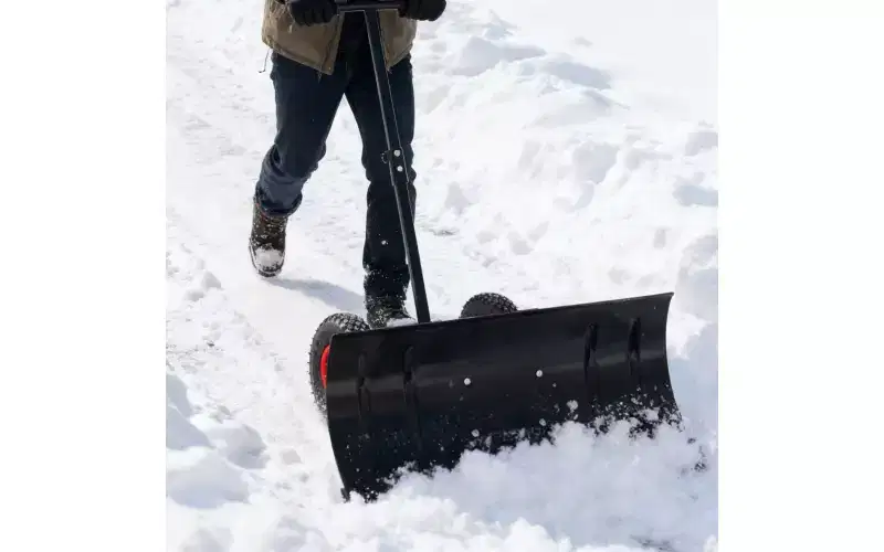 Snow Shovel with Wheels & Snow Pusher, Cushioned Adjustable Handle, 29 Blade, 10 Wheels (Black)