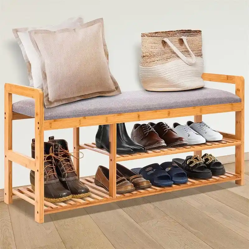 Natural Bamboo 2-in-1 Shoe Rack Bench with Linen Cushion Seat – 1-Seat