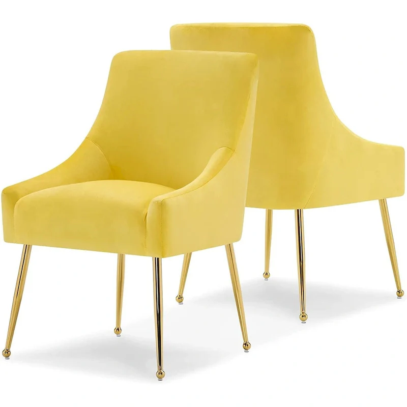 Modern Dining Chair Set of 2, Yellow Velvet Upholstered Dining Chair with Gold Legs, Comfy Chair