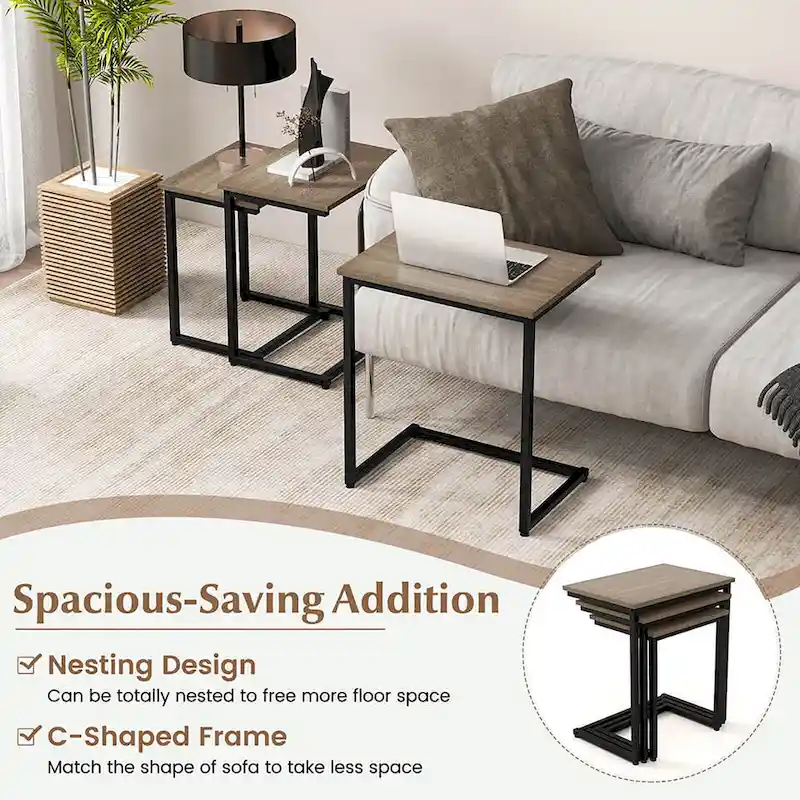 Gymax 3 Pcs Nesting Coffee End Table Set Stacking Side Nightstand
