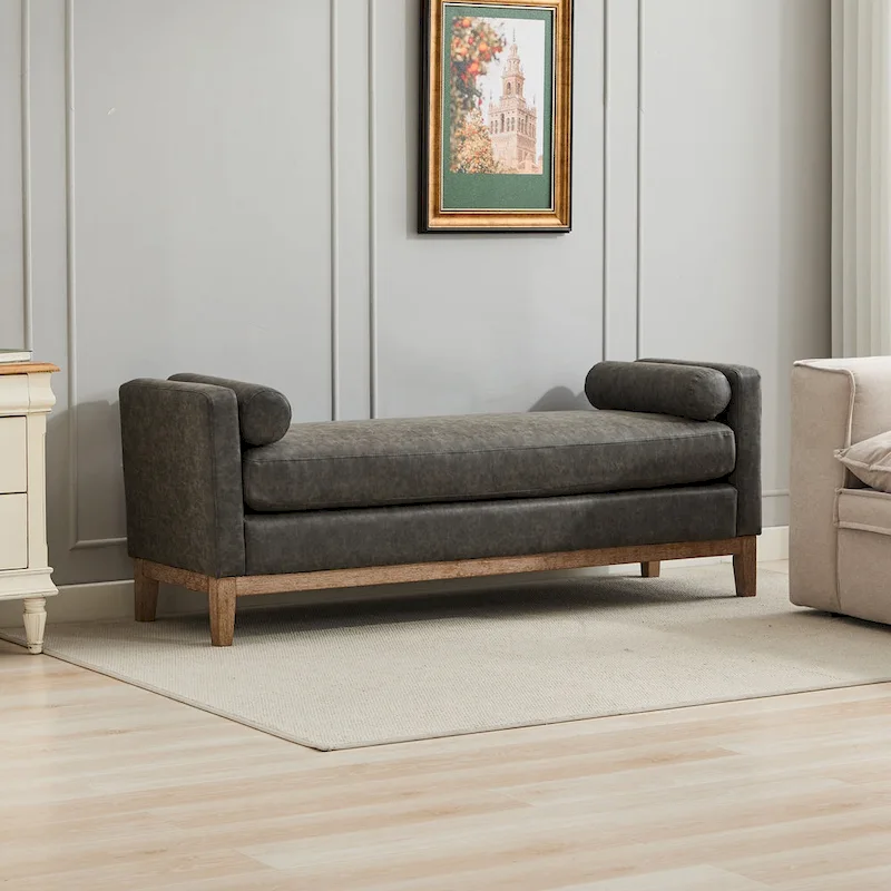 66.34W Elegant Upholstered Bench, Daybed, Ottoman with Wood Legs & 2 Bolster Pillows for End of Bed, Bedroom, Living Room