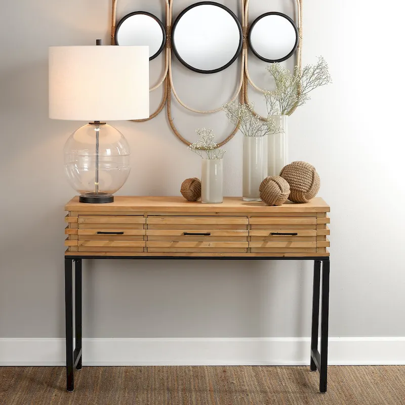 Cherry Brown Slatted Fir Wood Console Table with Black Iron Frame & 3 Drawers – Industrial Style