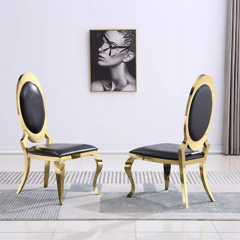 Luxury Black PU Leather Dining Chairs with Polished Gold Cabriole Legs