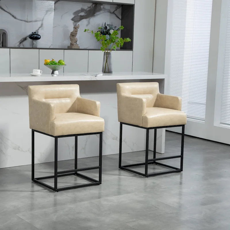 Modern Chenille/Leather Upholstered Bar Stools with Metal Frames and Solid Back