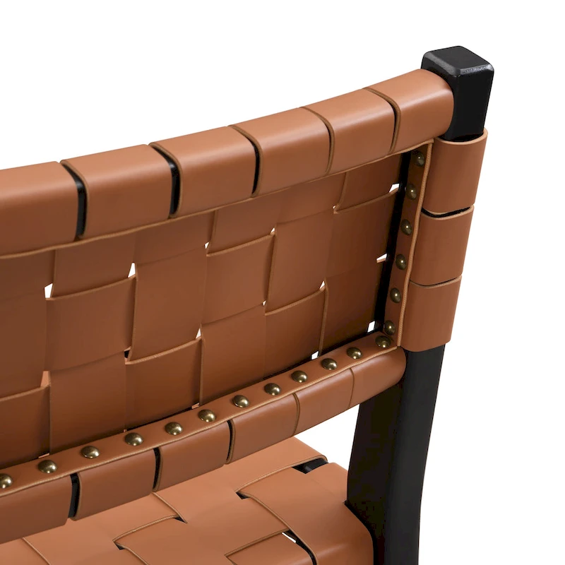 Roomfitters PU Leather Counter Stools, Set of 2 Bar Height Chairs with Woven Back and Rubberwood Frame, Black Brown