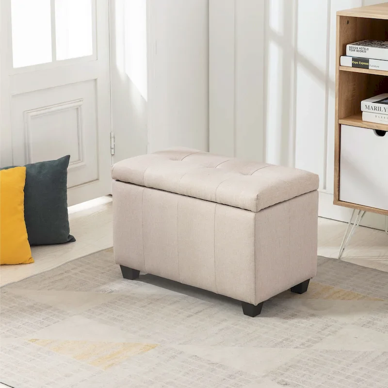 Beige / Grey / Dark Grey Tufted Fabric Flip-Top Storage Bench, Single Seat