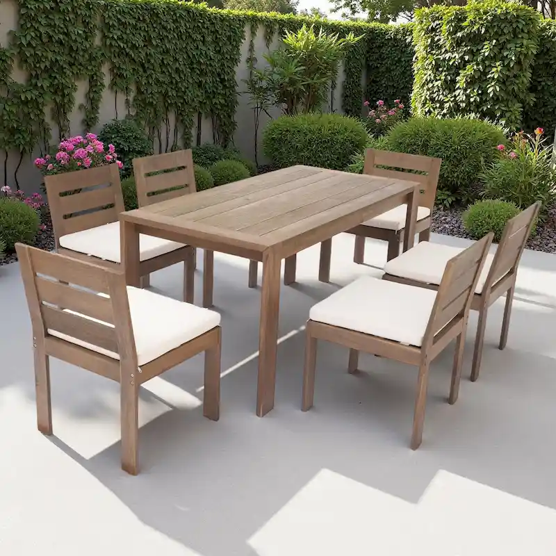 7-Piece Outdoor Patio Acacia Wood Dining Set with Rectangular Table and 6 Cushioned Chairs
