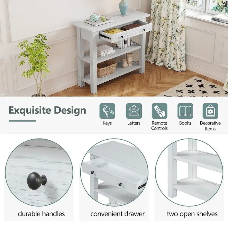 36 Farmhouse Solid Wood Console Table with Drawers and 2 Shelves