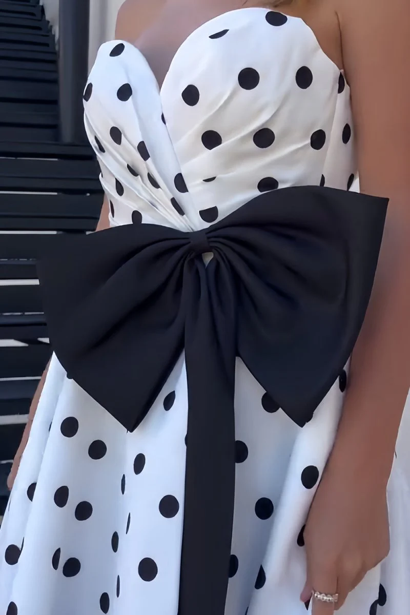 Fuchsia Strapless A Line Polka Dots Satin Long Prom Dresses With Bow