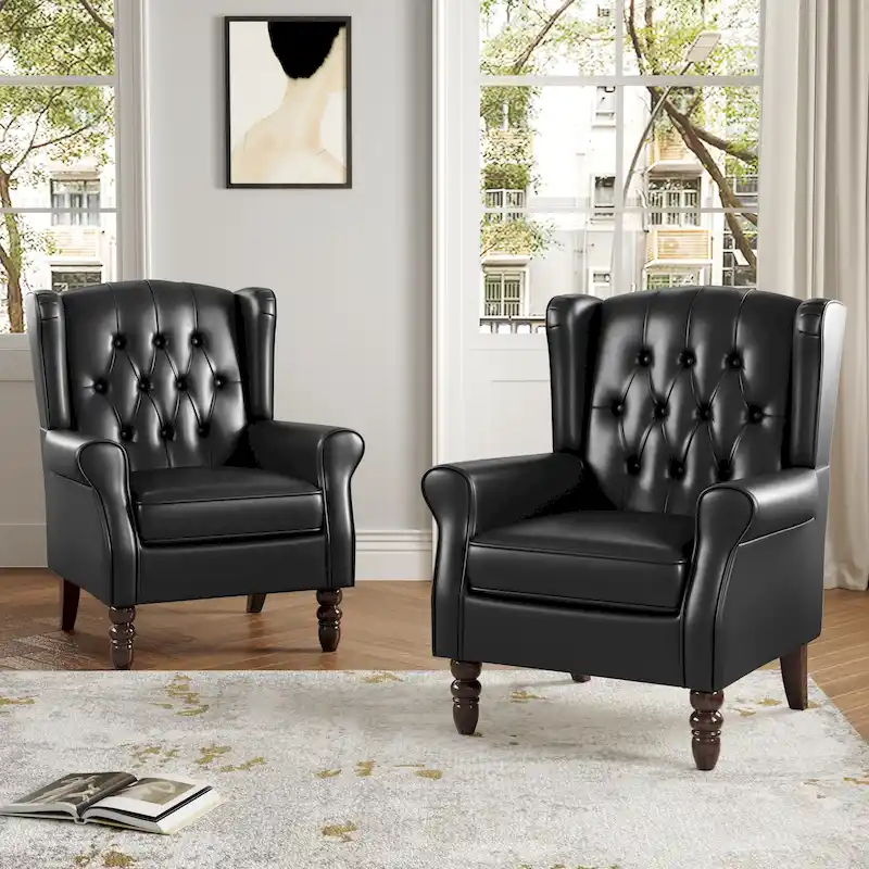 Set of 2 Vegan Leather Upholstered Button Tufted Accent Chair