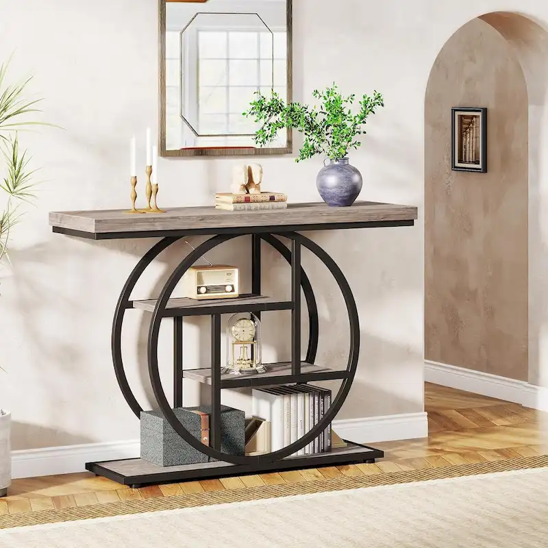 Industrial 4-Tier Sofa Table Entryway Table with Circle Base