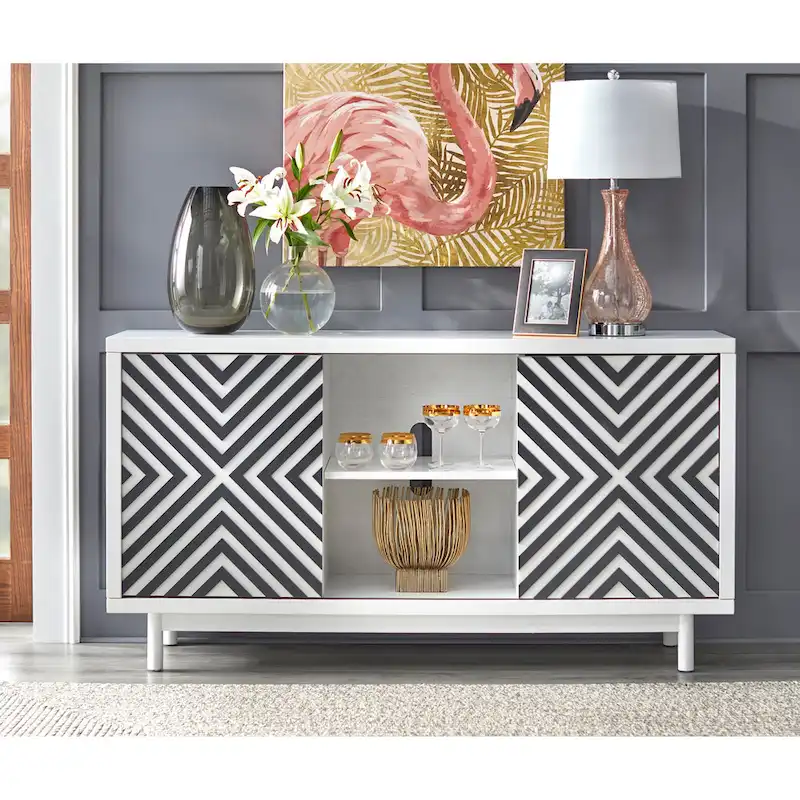 Tobacco Brown/Black & White/Black Mid-Century Modern Buffet Sideboard, Sliding Door, 2-Person Assembly