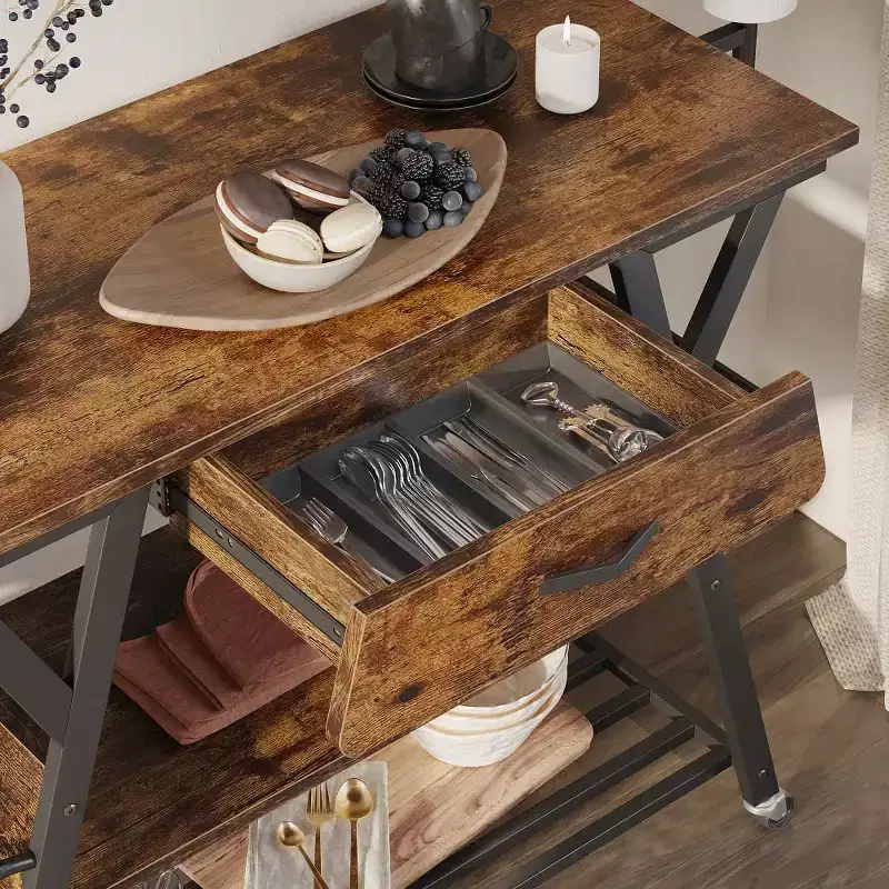 Rustic Brown / Vintage Dark Grey Rolling Kitchen Cart with 3-Tier Shelf, Lockable Wheels