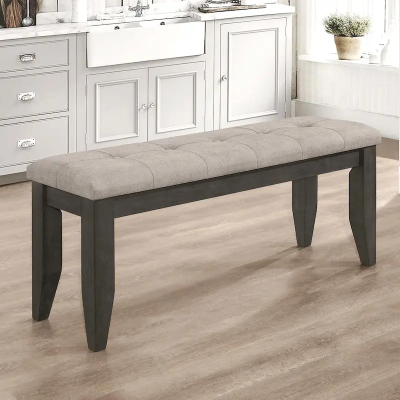 Grey Button-Tufted Upholstered Dining Bench with Walnut Legs – Retro Style