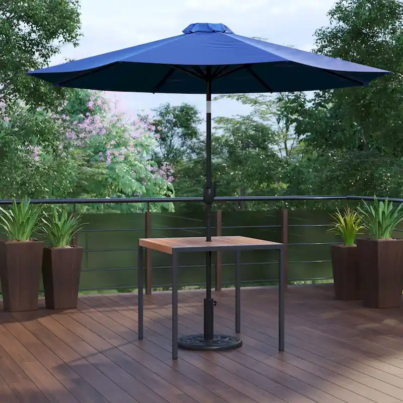 Black Steel Framed 35 Square Faux Teak Patio Table-Tan 9FT Patio Umbrella-Base