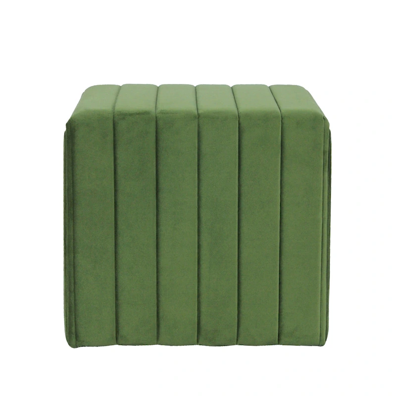 Ada Footstool Ottoman with Channel Tufted Green Velvet, 19 Inch
