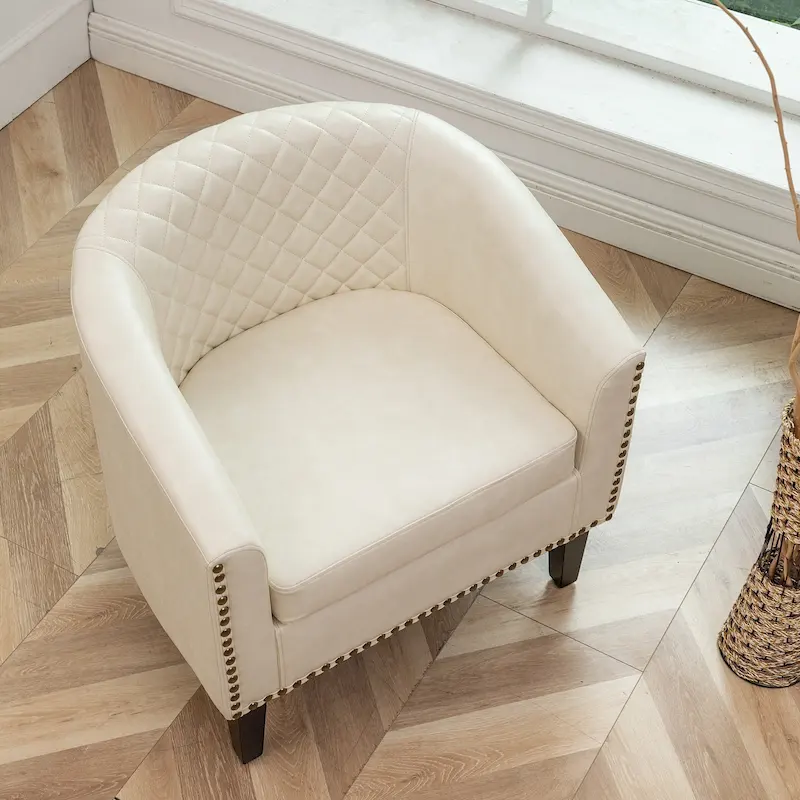 KINWELL PU Leather Tufted Barrel Chair Club Armchair with Nailheads