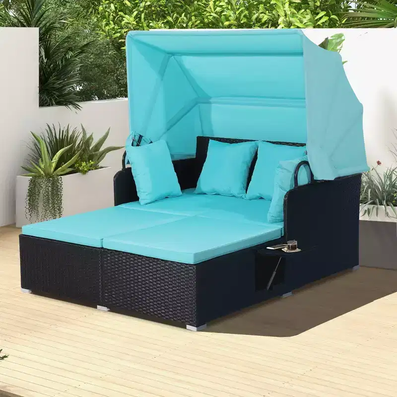 Costway Patio Rattan Daybed Lounge Retractable Top Canopy Side Tables Cushions Off White/Red/Turquoise/Beige